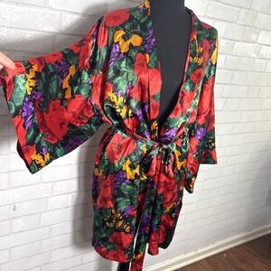 Vtg Victorias Secret Floral Satin Kimono Robe Medium 90s Bold Glam Statement